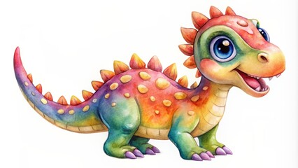 Obraz premium Whimsical watercolor illustration of an adorable young dinosaur with vibrant colors and playful expression, isolated on a transparent background, perfect for creative designs.