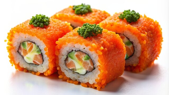 Vibrant orange tobiko garnishes a delicate single salmon sushi roll, wrapped in thinly sliced seaweed, on a simple white background, enticing with freshness.