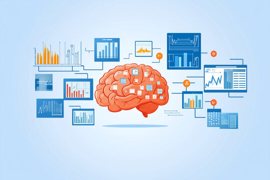 A brain surrounded by data holograms, floating graphs and matrices, and artificial intelligence information analysis.
