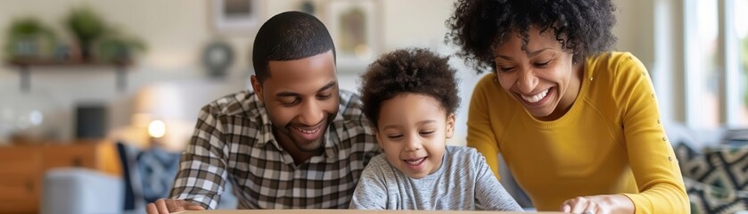 Obraz premium A joyful family unpacking boxes in their new home, focus on smiles and excitement, suburban neighborhood theme, vibrant, overlay, cozy living room backdrop