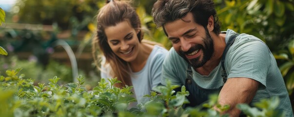 Couple enjoying a relaxing moment while gardening, close up on plants and smiles, tranquility theme, realistic, composite, garden backdrop