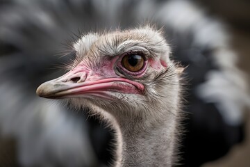 Close up of ostrich head with sharp beak and prominent eye