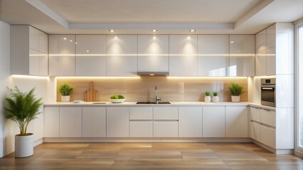 Fototapeta premium Clean-lined white kitchen with minimalist aesthetic, sleek cabinetry, and subtle lighting, set against a soft, creamy background, evoking serenity and elegance.