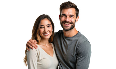 Obraz premium Happy young couple hugging and smiling together isolated on transparent background