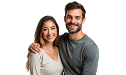 Happy young couple hugging and smiling together isolated on transparent background