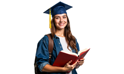 Portrait of a smiling young female college student wearing square academic cap and holding book, isolated on transparent background