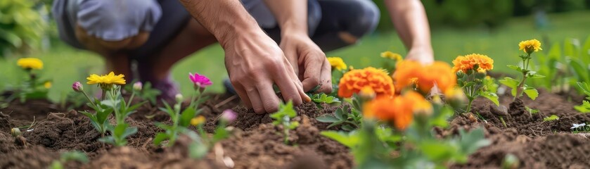 Family planting flowers in their new garden, focus on hands and soil, relaxation theme, vibrant, overlay, backyard backdrop