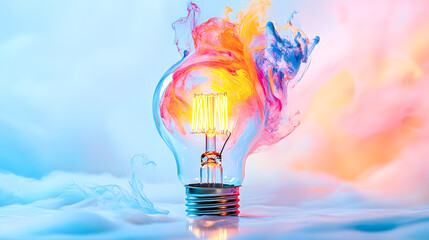 Colorful splashing and bursting light bulb against a background representing the concept of innovative idea creative bright illumination of the mind