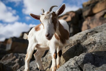 Fototapeta premium Young goat on rocky terrain with cloudy sky