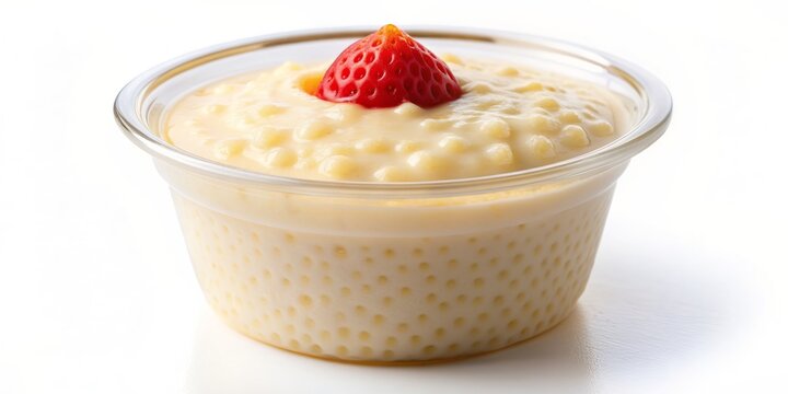Creamy soft tapioca pudding in a single serving cup on a white background, showcasing smooth and sweet dessert with a velvety texture appealingly.