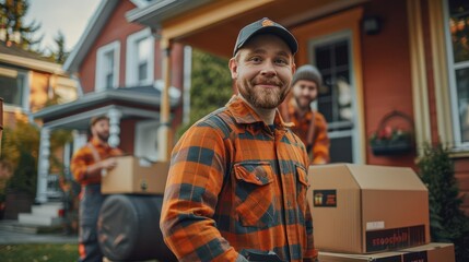 Movers carrying heavy furniture into a house, selective focus on coordination and strength, relocation theme, vibrant, double exposure, porch backdrop