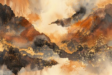 A painting of mountains with clouds and a splash of gold. The painting is abstract and has a moody, dreamy feel to it