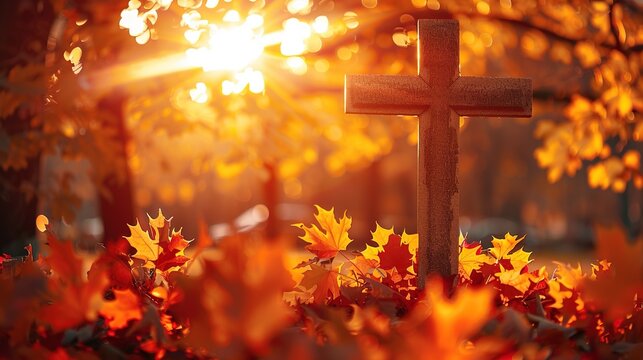 Sun shining through a cross on a background of golden autumn leaves in fall, symbolizing faith and hope. powerful message of belief and optimism.Cross, Faith, Hope, Conviction