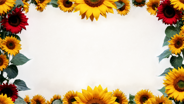 Rectangle frame of yellow and red sunflowers and leaves