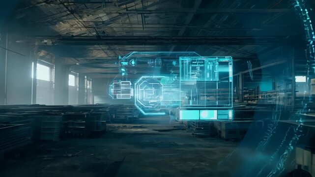 Wide shot: Holographic AR interface materializes in abandoned warehouse. Pulsating light forms data streams, revealing decaying industrial space. 