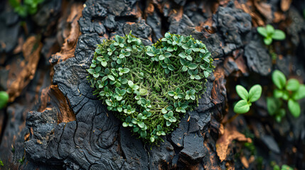 A heart made of moss is growing on a log