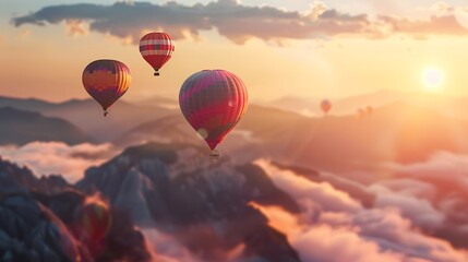Fototapeta premium Hot Air Balloons Soaring Over Majestic Mountains at Sunset