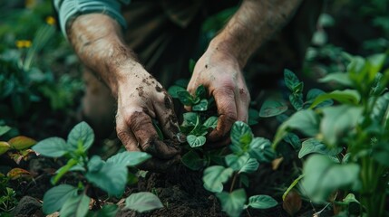 Obraz premium A man is planting a seedling in the dirt. Concept of growth and nurturing, as the man carefully tends to the plant