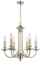 Elegant gold chandelier hanging from ceiling in modern dining room during evening hours, cut out - stock png.
