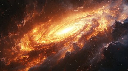 Obraz premium Detailed illustration of a beautiful galaxy with stars and nebulae, spiral structure of an abstract planet in outer space, supermassive black hole with intense red light, highly realistic cosmic art 