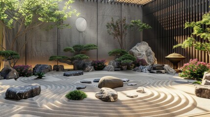 Fototapeta premium A peaceful zen garden with perfectly raked sand and carefully arranged stones,a relaxing concept