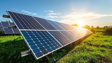 A row of solar panels are in a field with the sun shining on them. The panels are arranged in a way that they are facing the sun, which is a great way to harness solar energy