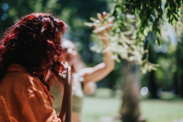 Young adults enjoying a sunny day in the park, interacting with nature and relaxing amidst the...