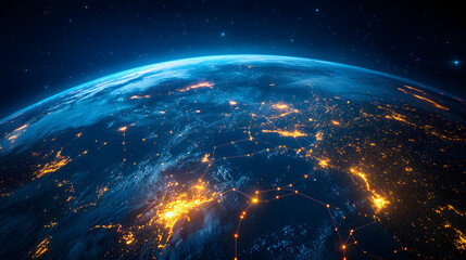 Fototapeta premium Digital world map planet Earth space global globe sky space 5G wireless network AI big data communication pathways science technology web internet connection transmission cyber cloud computing online