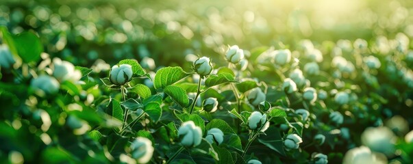 Organic cotton fields, lush greenery, close up, sustainability in farming, realistic, Fusion, rural landscape
