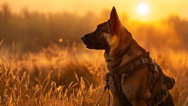 Military working dog wearing uniform and bulletproof vest with explosions and smoke on background. Rescue dog looking for injured people in ruins after war. Police, guard, security dogs profession