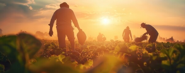 Sustainable farm workers, tending to crops, close up, community farming efforts, realistic, Silhouette, sunrise over fields