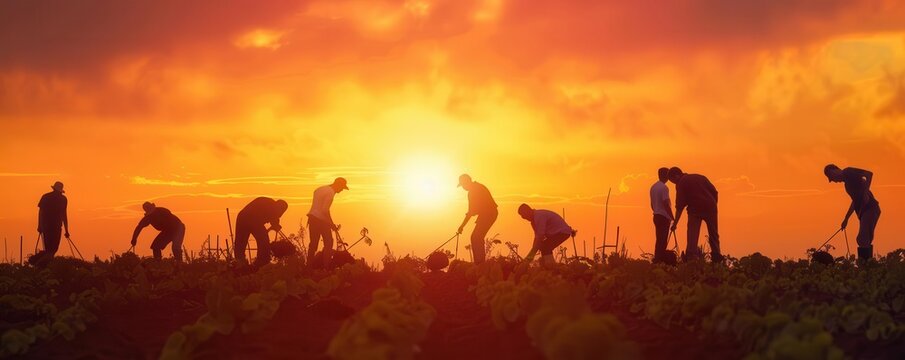 Sustainable farm workers, tending to crops, close up, community farming efforts, realistic, Silhouette, sunrise over fields