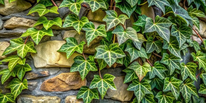 Delicate, curly tendrils of Hedera helix ivy climb up a rustic stone wall, showcasing its evergreen, variegated leaves with intricate patterns and shades of green.