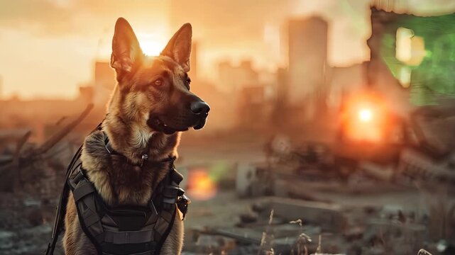 Military working dog wearing uniform and bulletproof vest with explosions and smoke on background. Rescue dog looking for injured people in ruins after war. Police, guard, security dogs profession