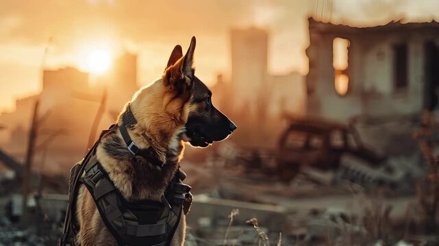 Military working dog wearing uniform and bulletproof vest with explosions and smoke on background. Rescue dog looking for injured people in ruins after war. Police, guard, security dogs profession