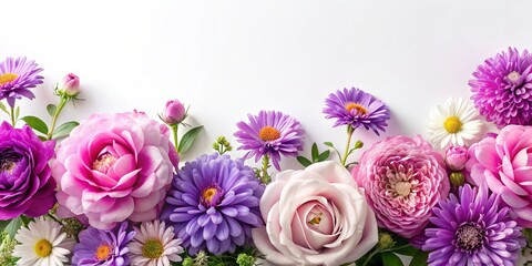 Delicate purple aster, jasmine, and pink rose flowers bloom against a crisp white background, offering ample space for text, quotes, or designs, evoking serenity and elegance.