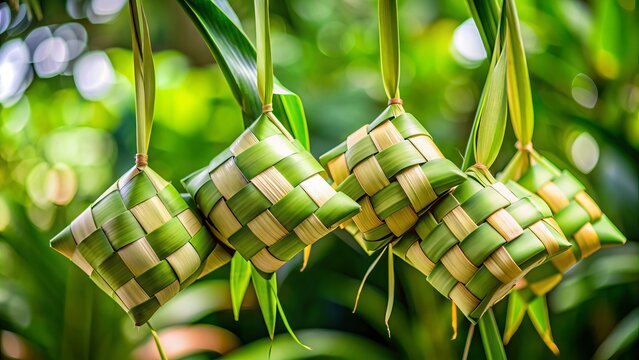 Delicate woven palm leaves cradle intricately tied mini ketupat, symbolizing love and care in every stitch, a labor of love for the festive season.