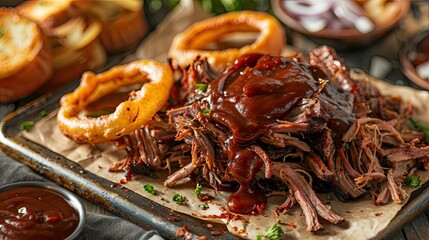 Fototapeta premium A plate of pulled pork with onions and barbecue sauce. The plate is on a wooden table with a bowl of ketchup and a bowl of onions