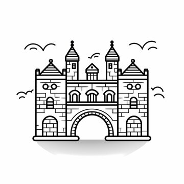 recommend clip art: A detailed illustration of a medieval castle with towers and arches.
