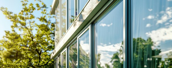 Energyefficient windows, triplepane glass, close up, ecofriendly construction, realistic, Fusion, modern house, copy space for text