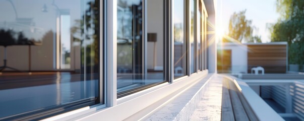 Energyefficient windows, triplepane glass, close up, ecofriendly construction, realistic, Fusion, modern house, copy space for text