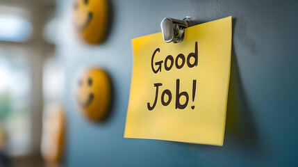 A note with "Good Job!" written on it, pinned to a wall, celebrating and motivating success and achievement in the workplace.