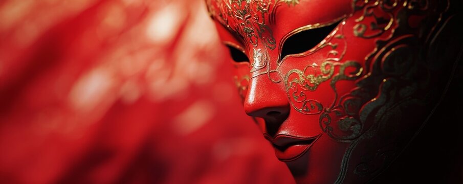 Red masquerade mask with intricate gold designs