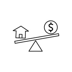 Money and house scales icon. Dollar coin and house balance on scale. Real estate sale. Weights with house and money coin. Vector isolated sign.