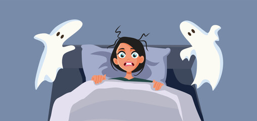 Woman Having Nightmares Afraid of Unholy Spirits Vector Cartoon. Stressed girl in a panic from terrifying nightmares 
