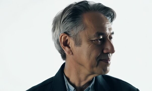 Medium shot portrait video of a Vietnamese man in his 40s against a white background