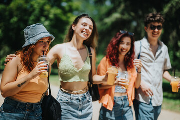 Young friends enjoying a sunny day in the park together, drinking and smiling warmly. They are casually dressed and radiate happiness and relaxation.