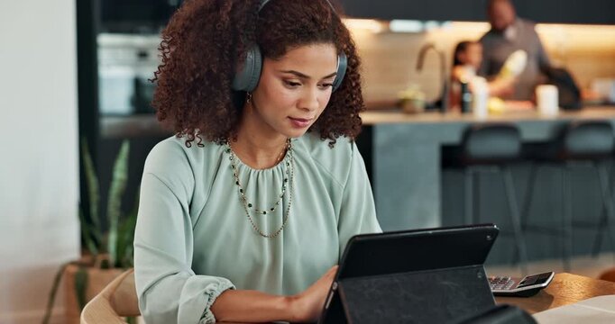 Tablet, research and woman with headphones in home office with online course for language learning. Writing, listening and freelance consultant with digital app for elearning, translation or notes