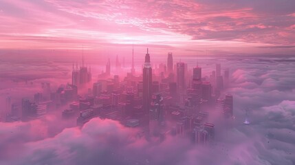 Obraz premium A futuristic cityscape emerges from the clouds at sunset, bathed in soft pink light.