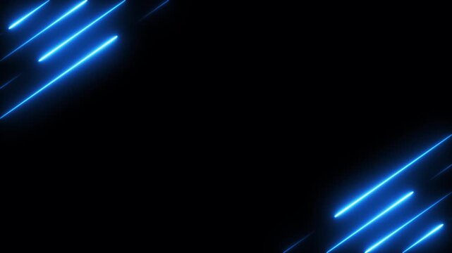 Abstract diagonal blue neon glowing line frame, animated moving led light screen box 3d rendering, empty space border presentation design background, futuristic laser sprectrum backdrop
